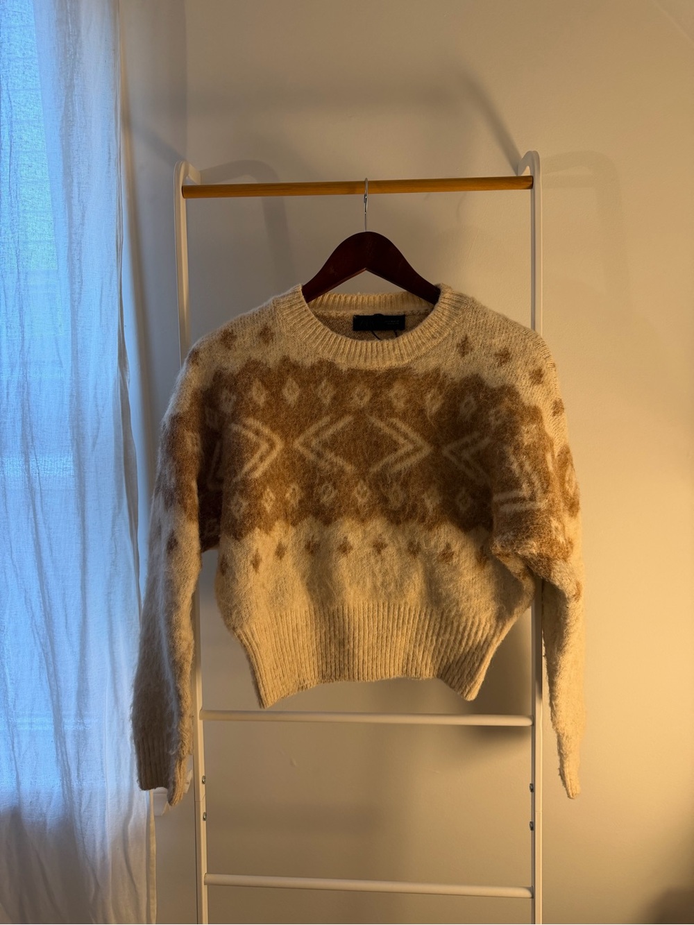 Zara Cropped Cream and Brown Fair Isle Patterned Crew Sweater